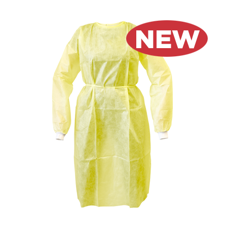 Yellow protective gown with a red 'NEW' label on a white background
