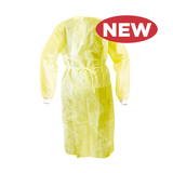 Yellow protective gown with a 'NEW' label on a white background