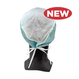 Blue surgical cap on a mannequin head with 'NEW' label on a white background