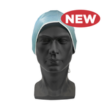Mannequin head wearing a blue surgical cap with a 'NEW' label on a white background