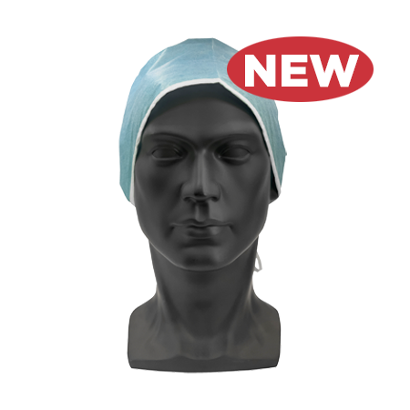 Mannequin head wearing a blue surgical cap with a 'NEW' label on a white background
